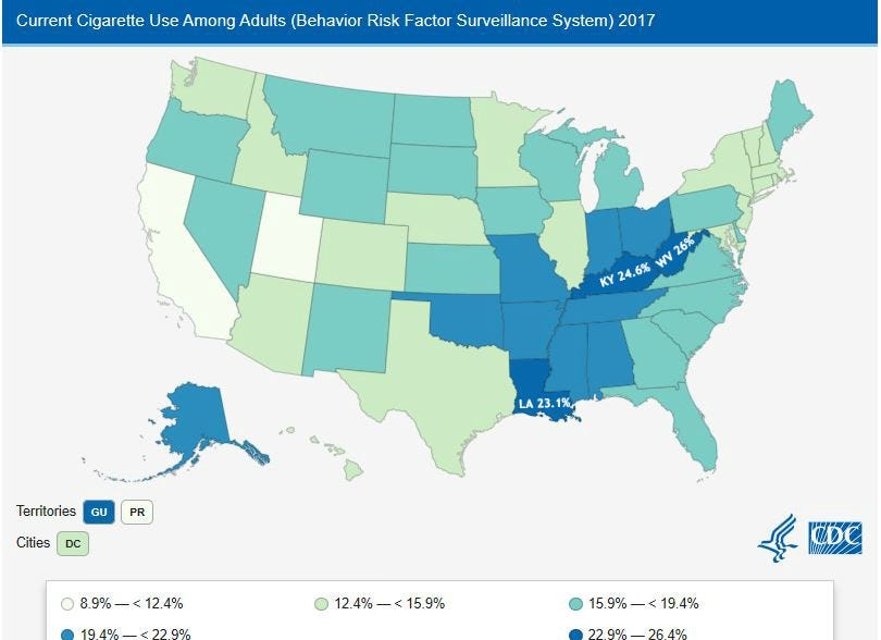 CDC report on states where smoking is heavy: West Virginia, Kentucky and Louisiana are the top 3