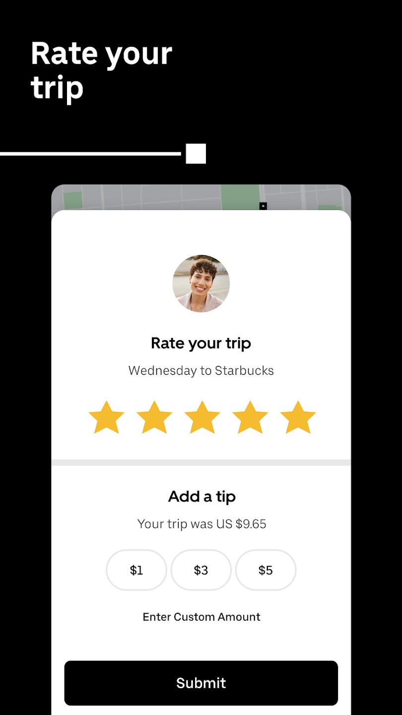 Uber’s rating and reviews.