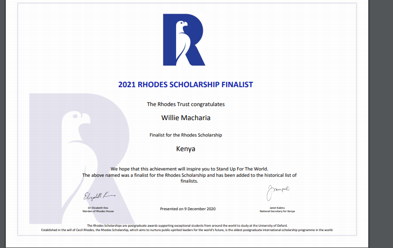 Rhodes Scholarship Finalist Certificate