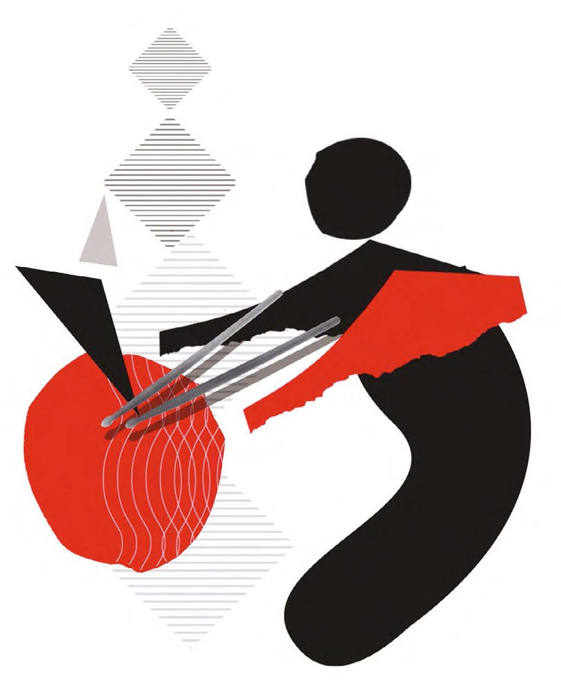 Abstract illustration of drummer made of red black and grey shapes