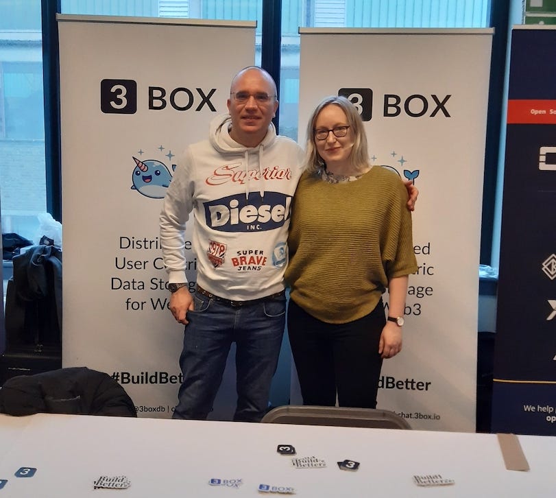 Rachel and Frederic at the 3Box stand at FOSDEM
