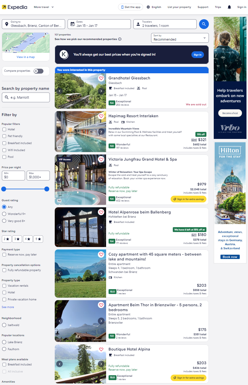 The Expedia website for Bob and his property search for the Grandhotel Giessbach: the searched property is ‘pinned’ on top and then another ranking of properties is proposed