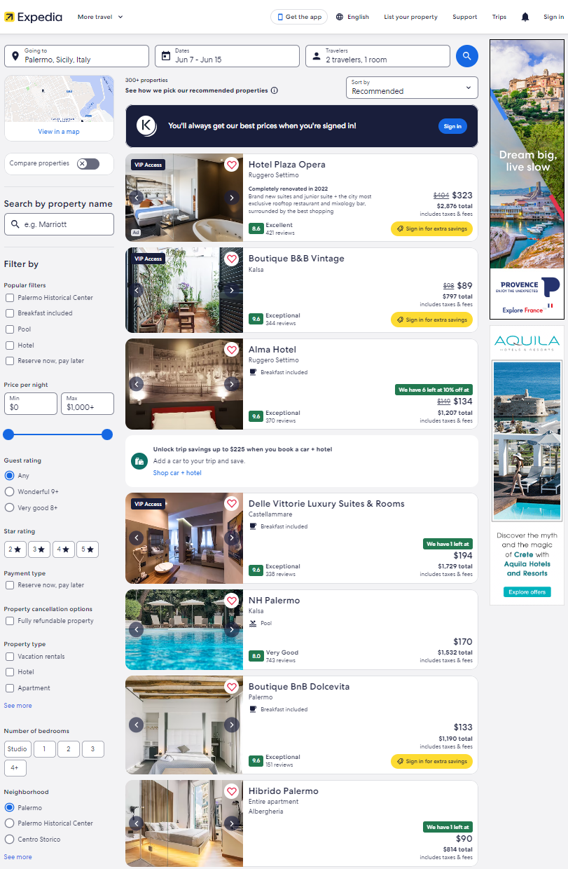Expedia’s search result page for Alice’s Palermo destination search