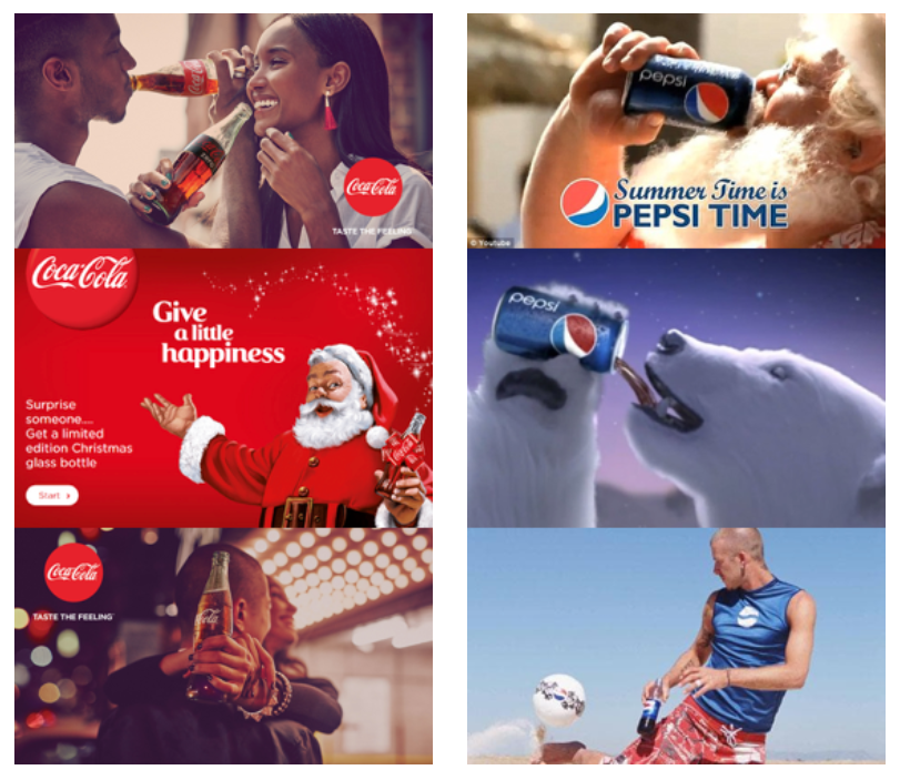 The collage provides a side by side comparison of the ad campaigns by Coca-Cola (on the left) and Pepsi (on the right).