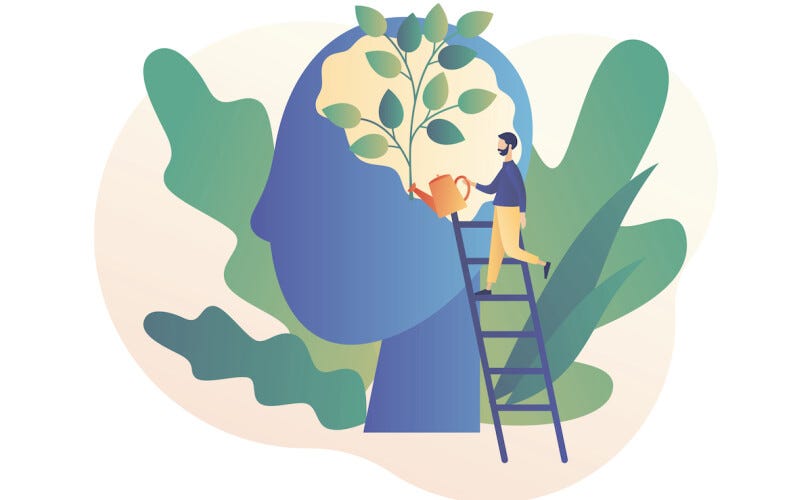 The image shows a digital colourful picture of a large human shapped head in blue with no distinguishing features and a man on a ladder. The man on the ladder is at the top watering the tree that is in the brain area of the head.
