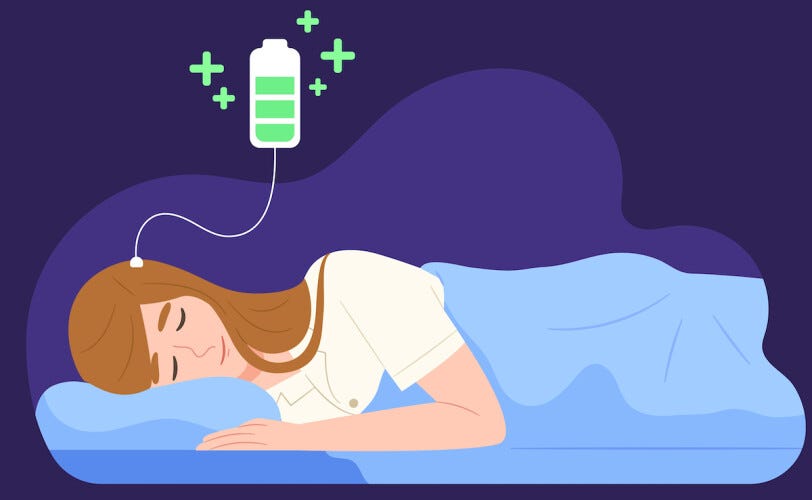 Cartoon of woman sleeping with a battery connected to her head, charging.