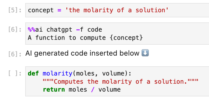 Screenshot showing JupyterLab running an %%ai magic command with variable interpolation