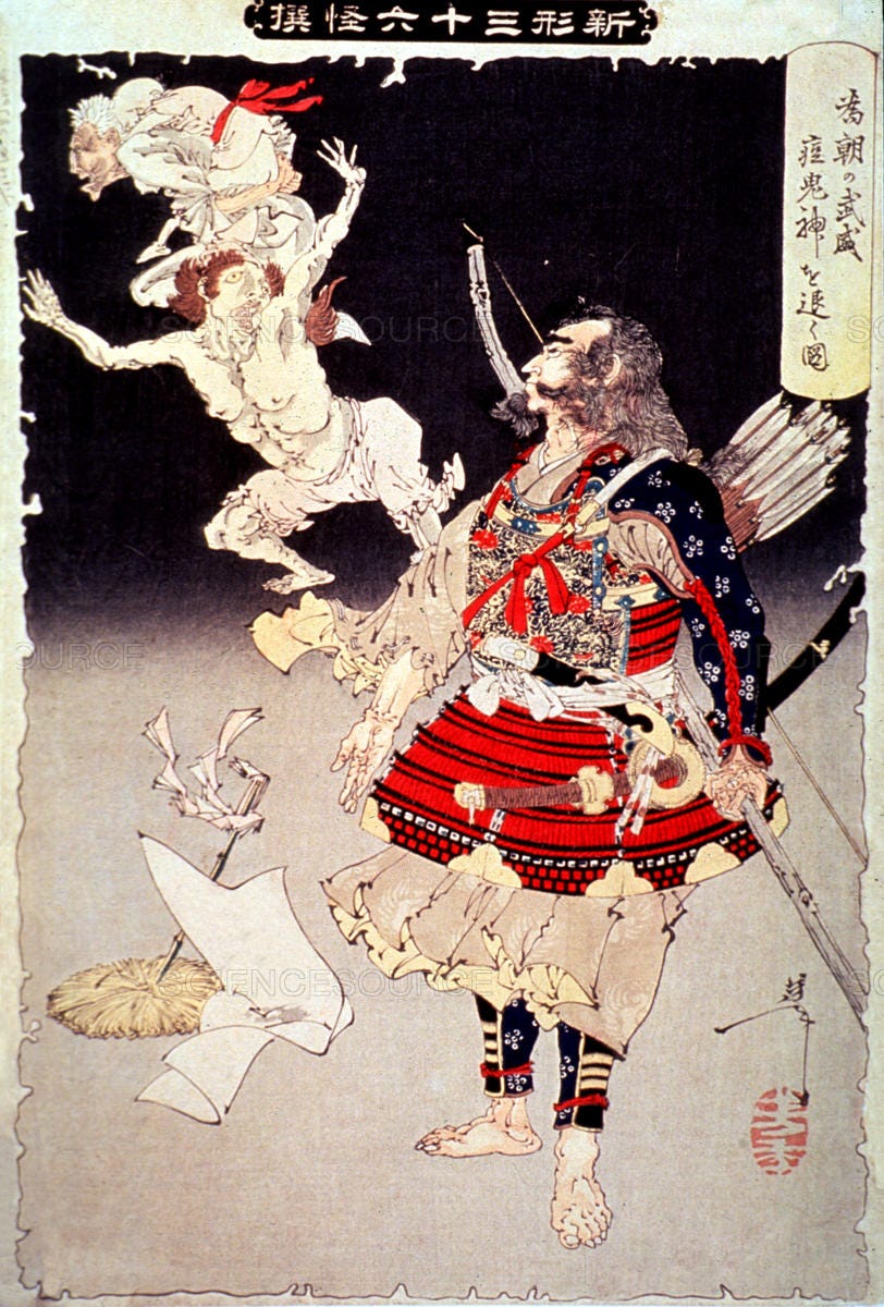 A Japanese samurai fights off two white figures — gods of smallpox.