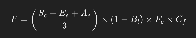 The equation is written as: F = ( (Sc + Es + Ae) / 3 ) * (1 — Bl) * Fc * Cf
