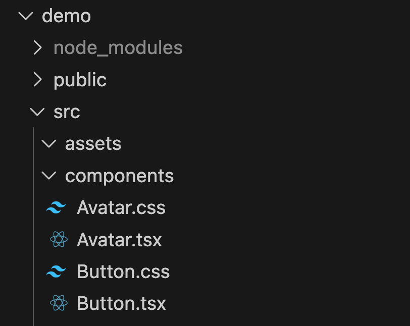 React common files structure, notice how every component has a complimentary CSS file
