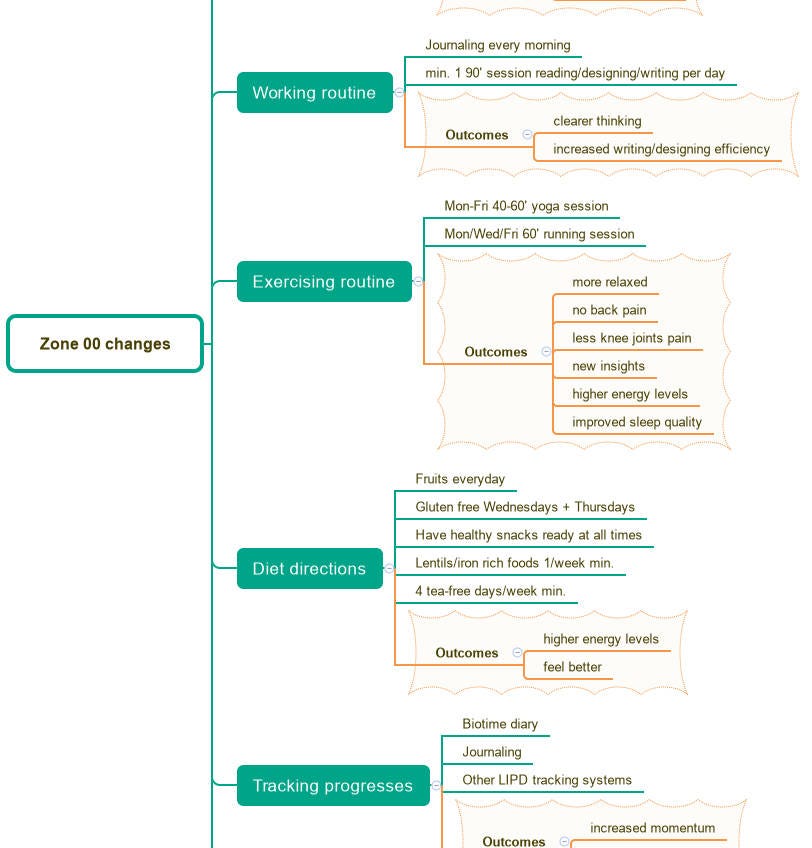 Mindmap showing the new systems put in place (eg. exercising routine), detailing how they were put into practice (eg.running session 3 times a week) and what were some measurable outcomes.