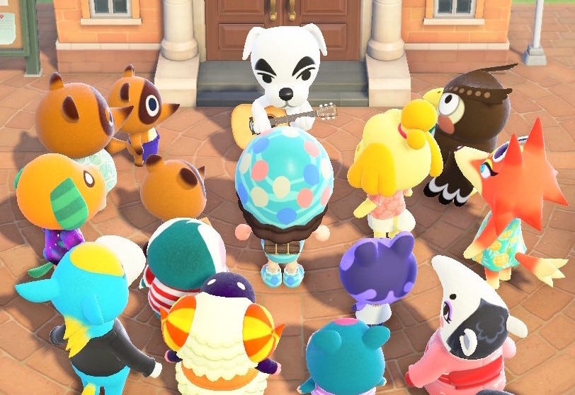An Animal Crossing avatar and all of their island’s villagers attending a K.K. Slider concert in the game.