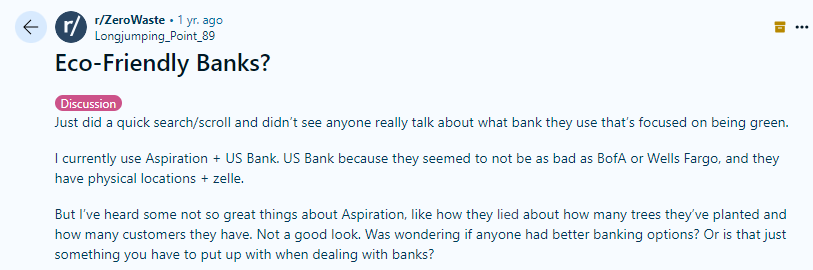 screenshot of a discussion about sustainable banks in the us