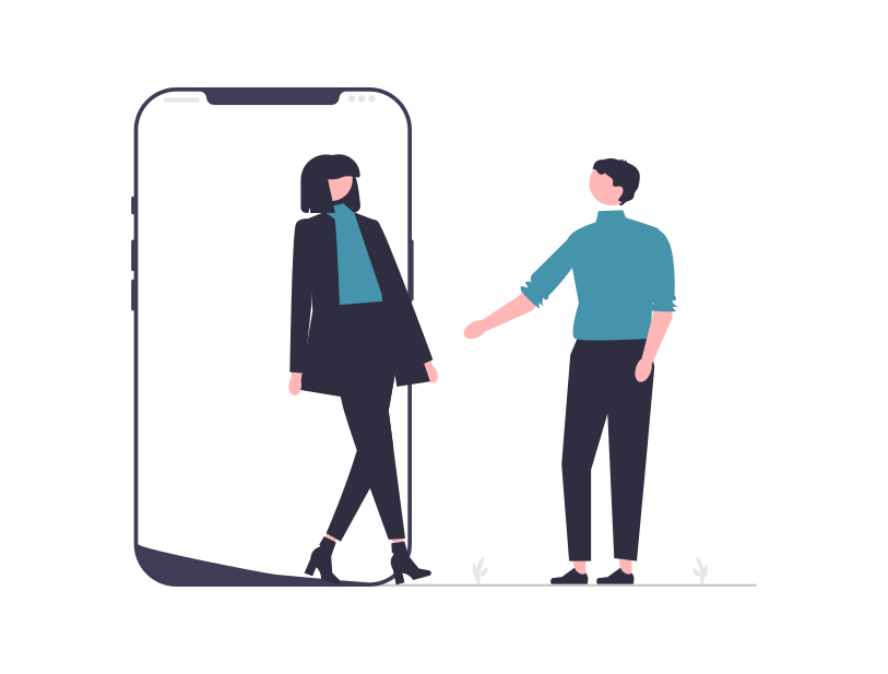 Illustration: A woman walks out of an oversized phone screen to greet a man waiting on the right