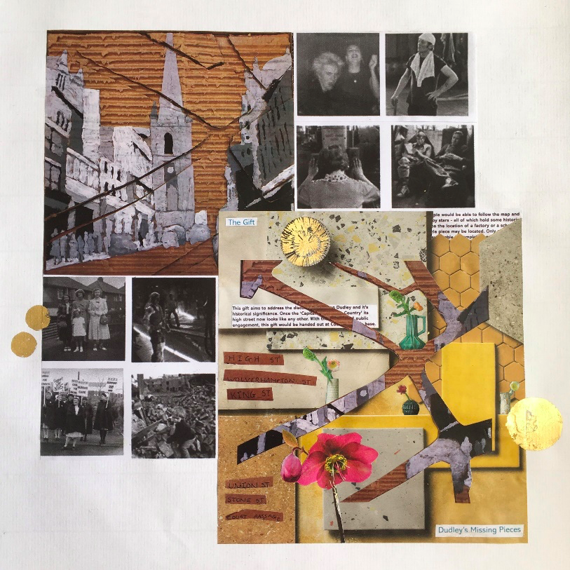 A collage comprising cut out images of Dudley High Street on corrugated card, black and white photos of people from Dudley People’s Archive submissions and images of flowers.