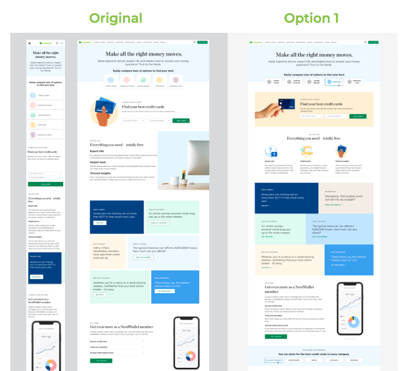 A side-by-side comparison of an original design vs. the same page, redesigned with new atoms