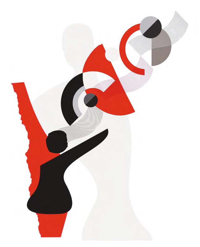 Abstract illustration of singer, composite of red, black and grey shapes