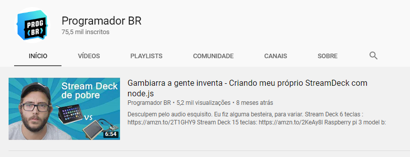 Foto da página inicial do canal ProgramadorBR no Youtube.