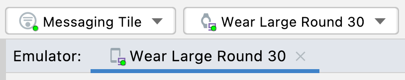 Screenshot of Android Studio focused on the run configuration dropdown with “Messaging Tile” selected, and “wear large round 30” selected in the device dropdown.