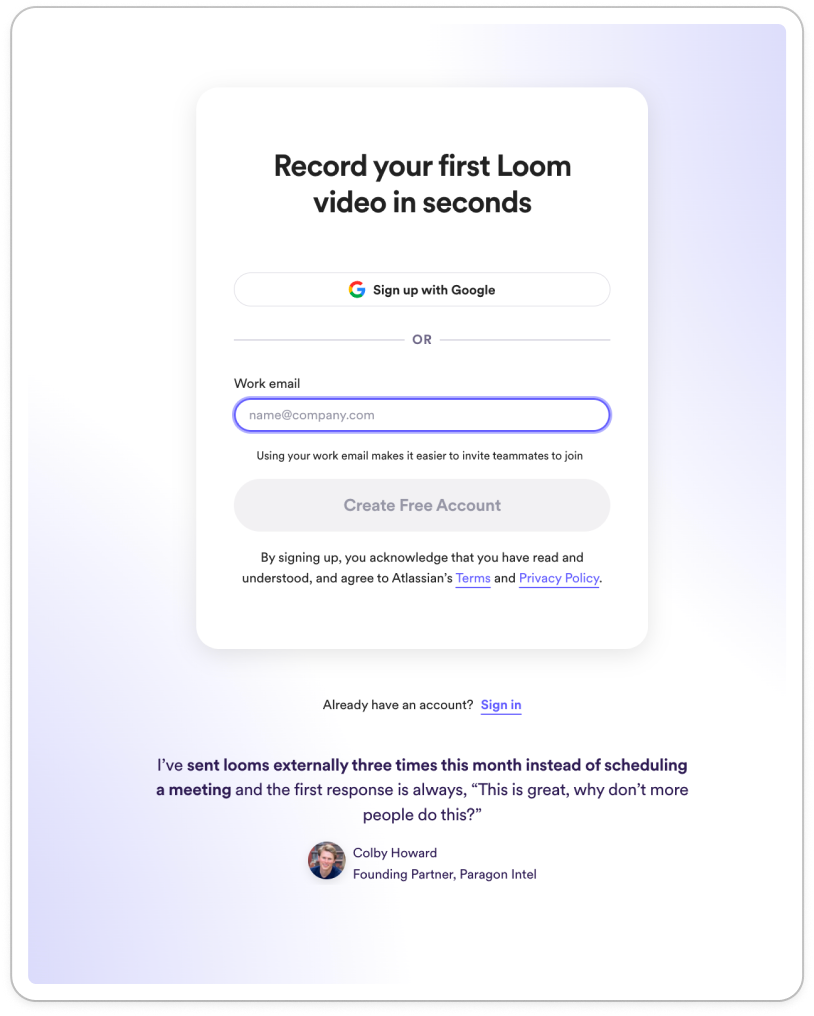 Screenshot of social proof in Loom’s registration flow