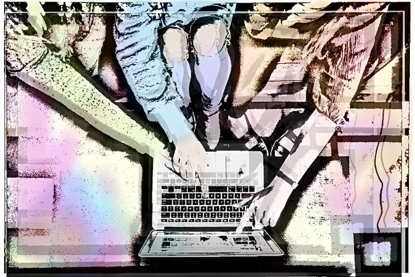 illustration of many hands pointing at a computer with light color overlay