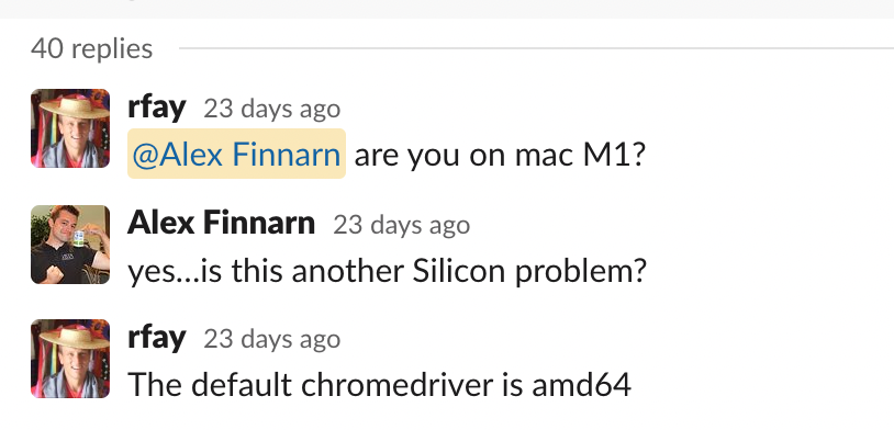 Slack messages discussing an issue with the Mac M1 processor.