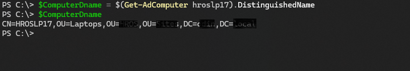 Screenshot of an AD computer object loaded in PowerShell showing its DistinguishedName attribute.