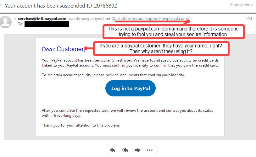 Phishing scam email purporting to be from PayPal hoping you’ll be fooled and give up a password or other sensitive personal information.