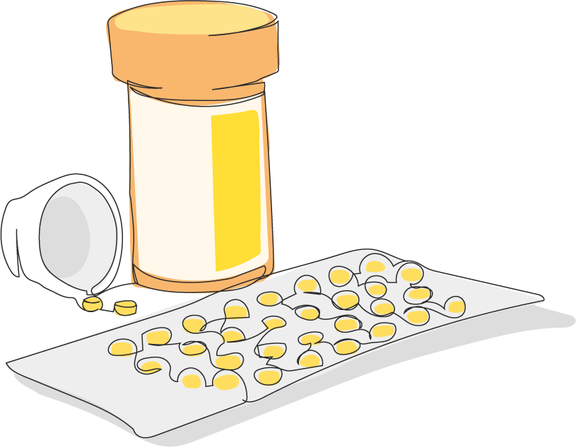 Illustration of an opened pill bottle, with pills laid out in front of it.