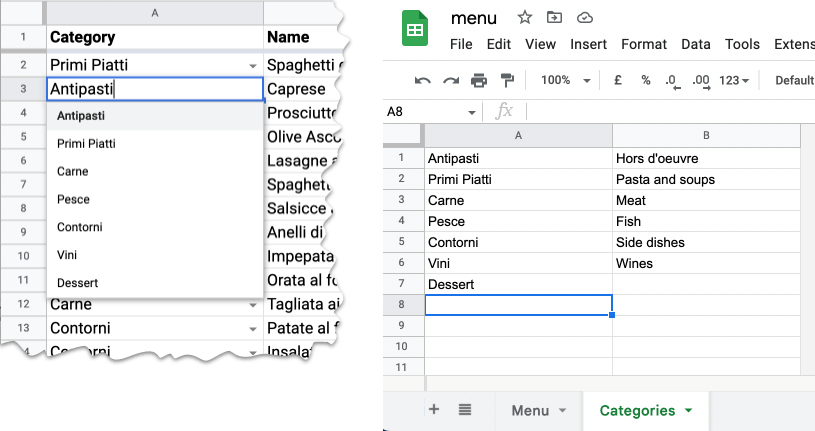 Composite image of a pop-up menu in Google Sheets and the values that populate it