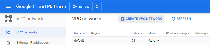 Screenshot of the Google console, showing VPC networks and the “Create VPC network” button.