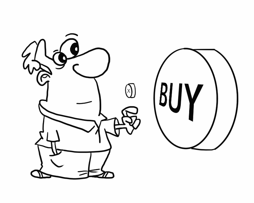 A man’s illustration wherein he is clicking the big buy button.