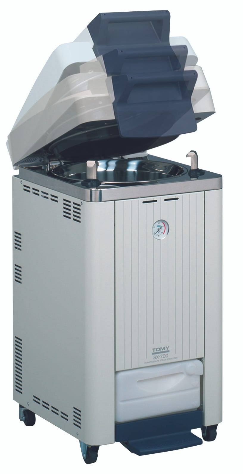 TOMY SX-700 Lab Autoclave Sterilizer, floor standing autoclave, opening lid into sterilizing chamber