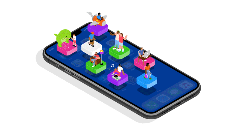 Animation of tiny people on a smartphone doing activities (running, listening to music, etc) that correspond to various types of mobile apps on the smartphone
