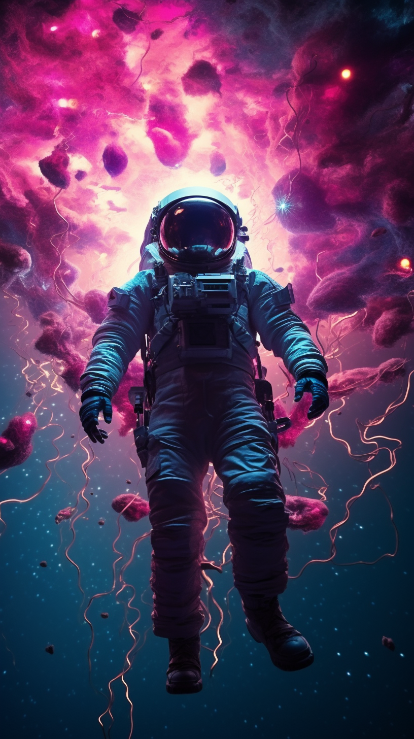 Synthwave style, an astronaut flying through the universe, galaxies, planets, stars, moody, misty, ultrarealism, photorealistic, 4K, cinematic lighting, shot on canon eos r6 mark II, lens 50mm, f/ 1. 8 by YannickM