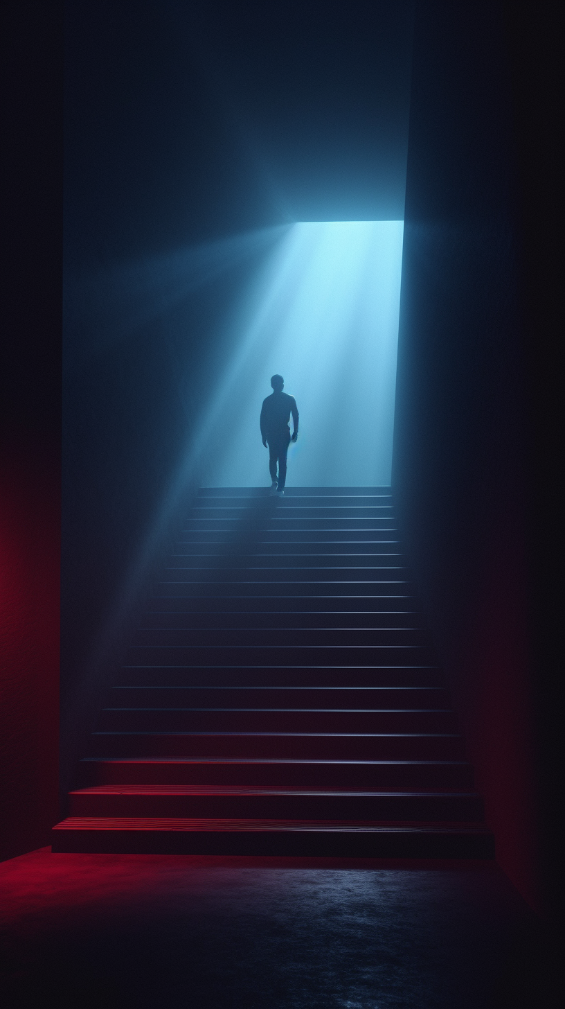 A man walking up a set of stairs in a dark room, surreal dramatic lighting, volumetric illumination, volumetric light, in volumetric lighting, photorealistic, red and blue cinematic lighting, photorealistic, 4K, inspired by Elsa Bleda, inspired by Nan Goldin, petra collins (by YannickM)