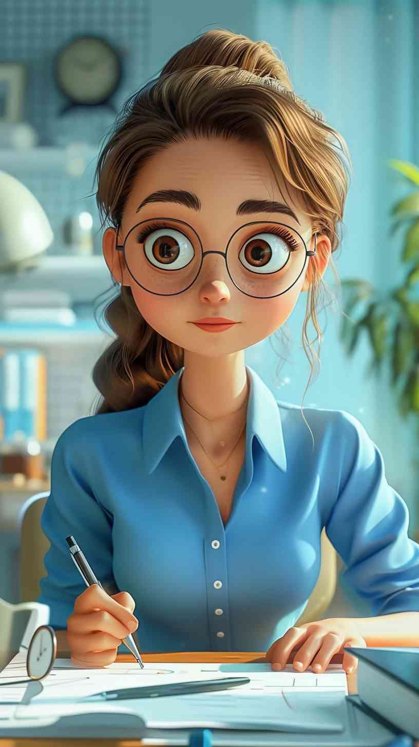 3d cartoon character of a young woman doing paperwork at her desk.