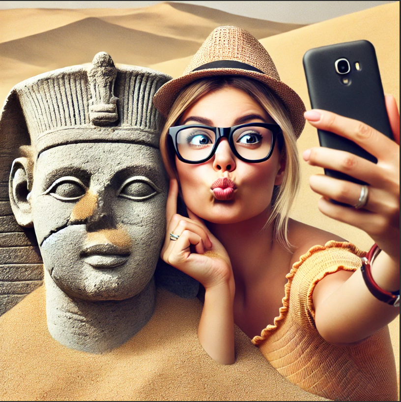 an image of a woman taking a selfie with the sphinx