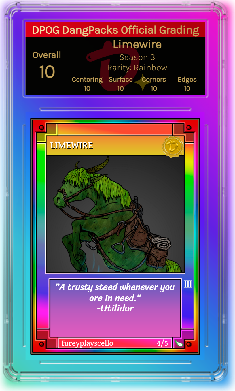 The image shows a DPOG grade 10 rainbow rarity Limewire with a gold stamp. The card is the fourth of five total Limewires in rainbow rarity.