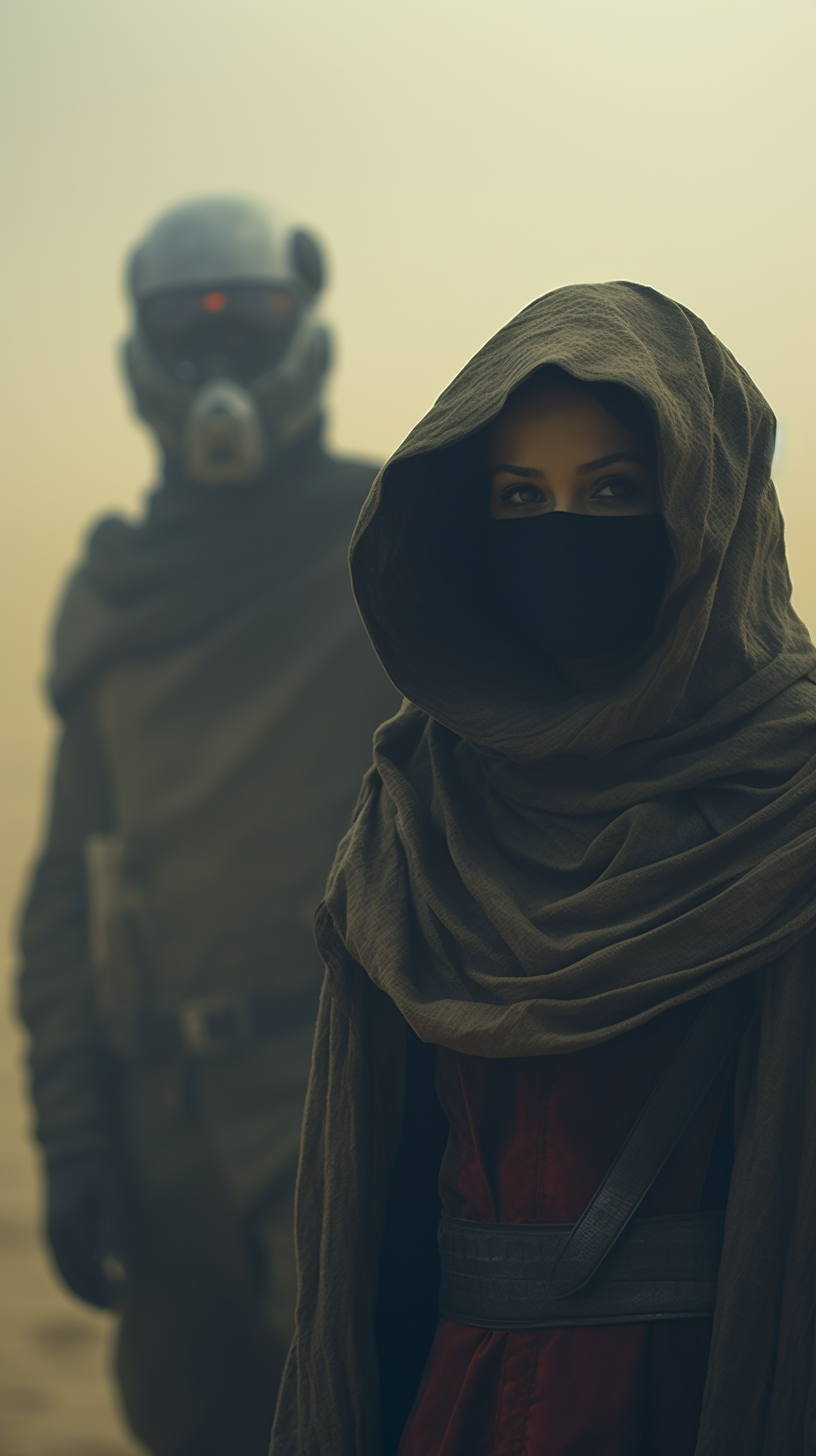 Desert humans in the streets of a futuristic city in the sand dune desert on Proxima Centauri, moody, misty, ultrarealism, photorealistic, 4K, cinematic lighting, shot on canon eos r6 mark II, Lens 50mm, f/ 2. 8 by YannickM