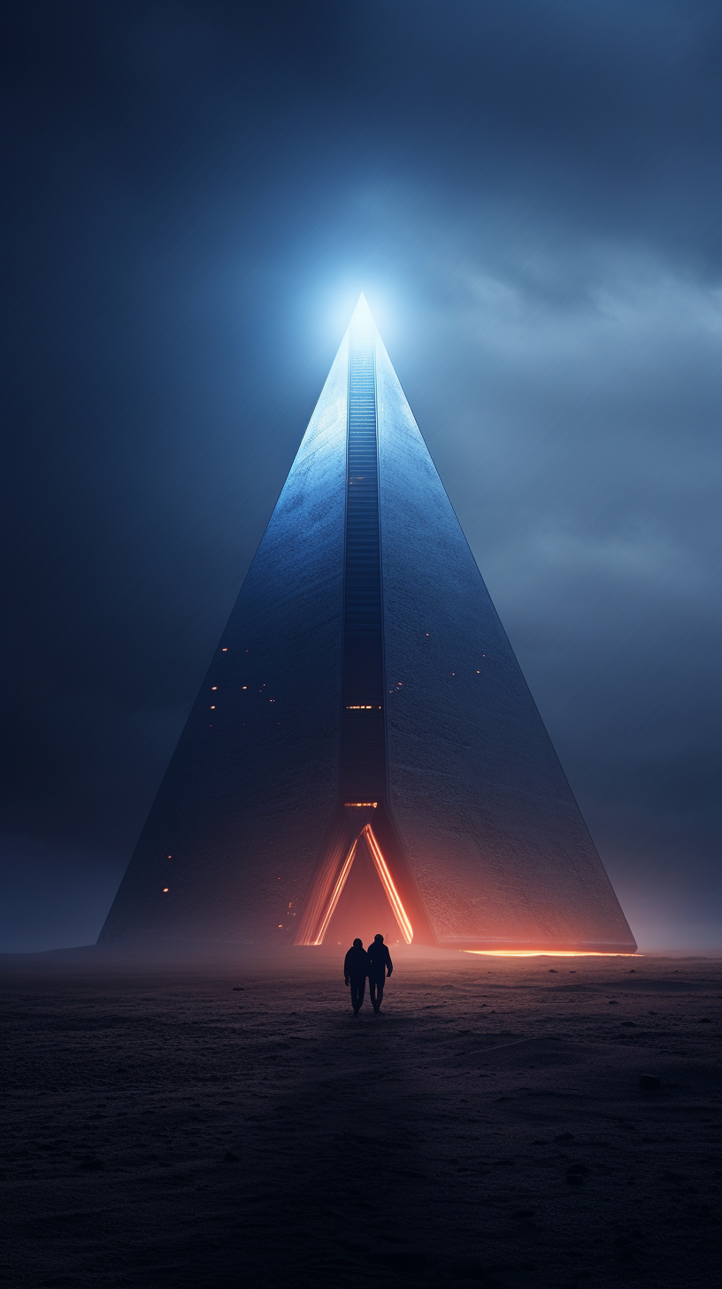 Detail shot of a large futuristic pyramid in the dunes of Proxima Centauri, planets in sky, moody, misty, ultrarealism, photorealistic, 4K, cinematic lighting, shot on canon eos r6 mark II, Lens 35mm, f/ 2. 8 by YannickM