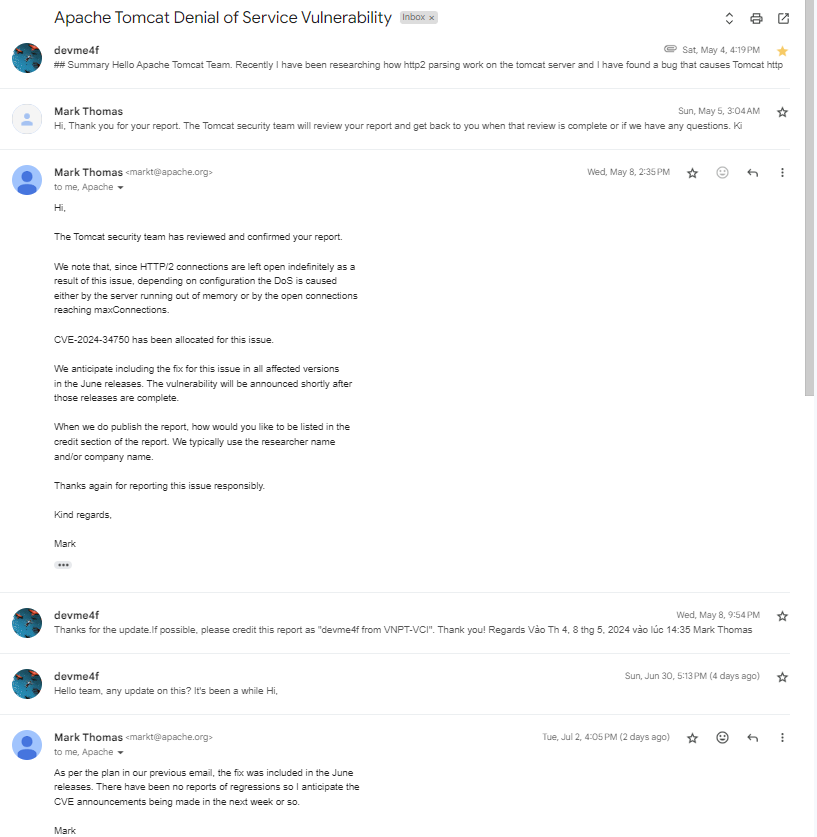 CVE-2024–34750 Apache Tomcat DoS vulnerability in HTTP/2 connector