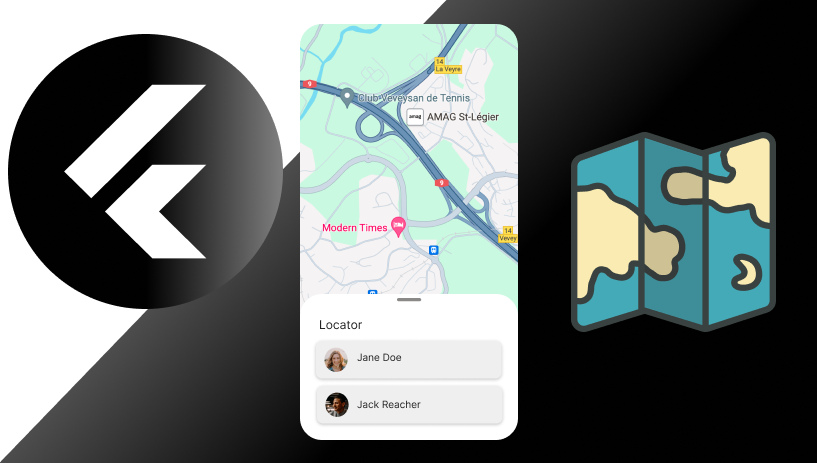 An image created with figma showing the flutter logo and a screenshot of a flutter app with. The app shows google map.