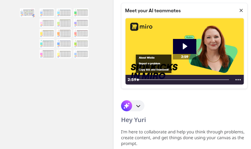 A collaboration interface showing an AI assistant inside Miro, with a welcome message and a video introduction thumbnail.