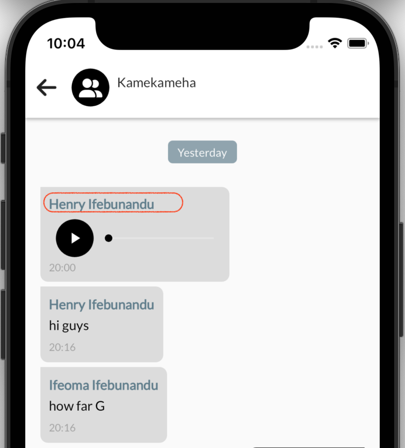 Image showing chat bubble of a group chat with sender name.