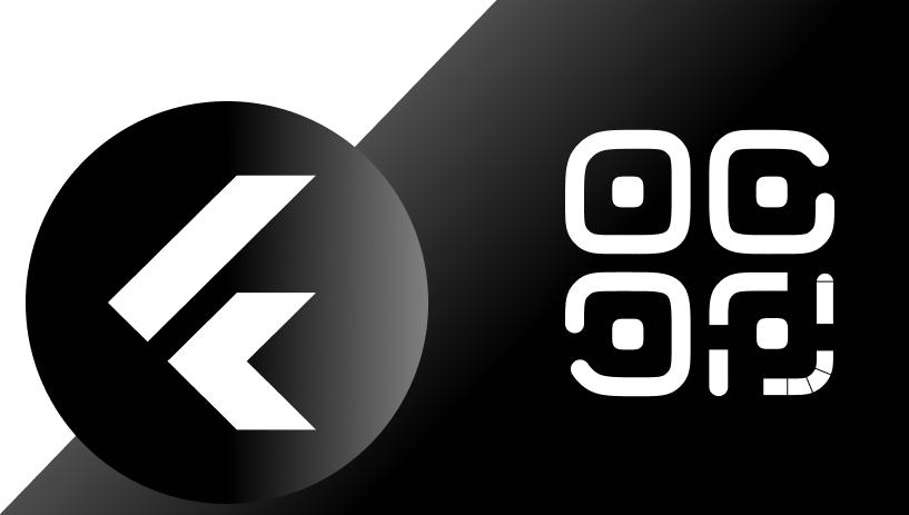 Flutter and QR code logo on a black and white background