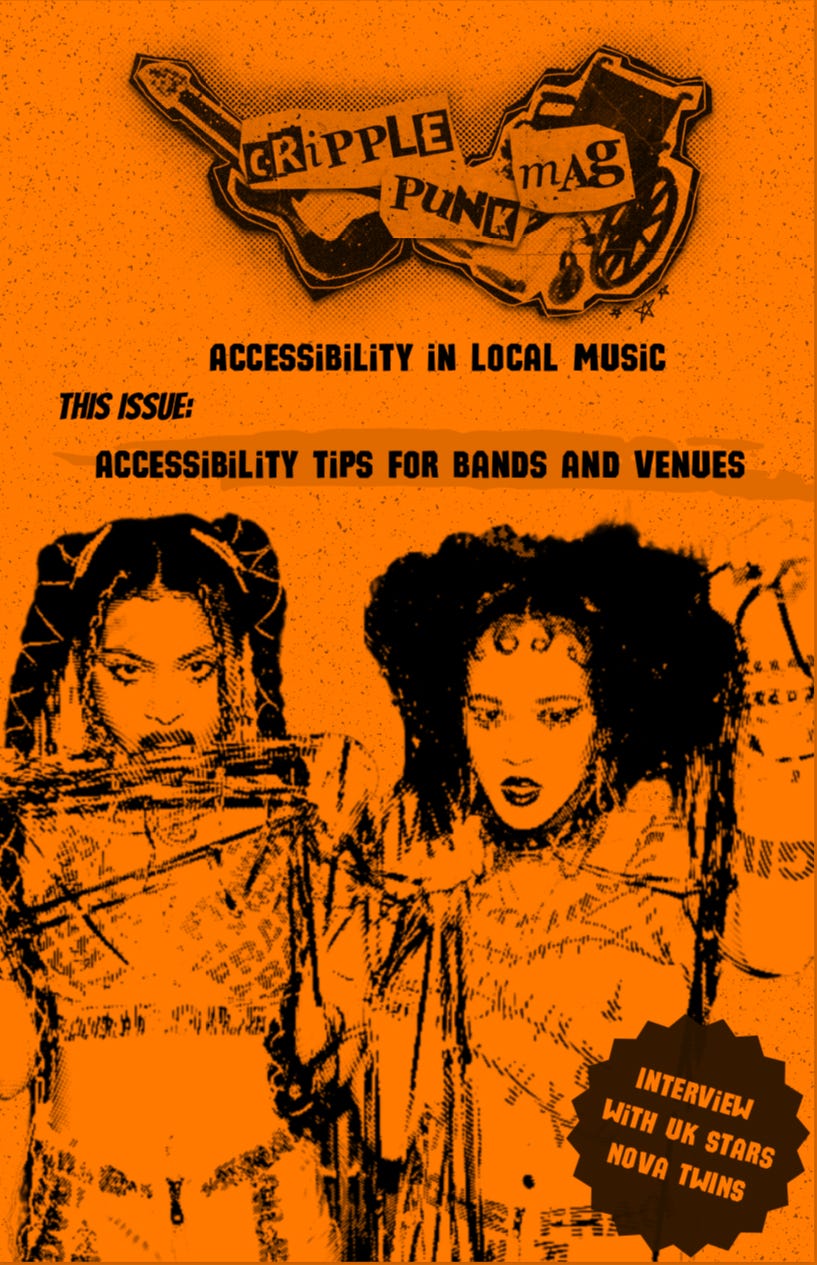 Image ID: Cover of Cripple Punk Mag 2. It is a neon orange with black text and images, grainy like a photocopy.