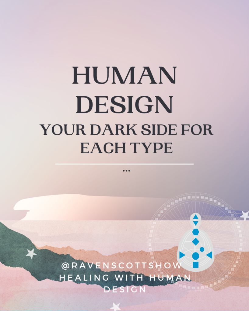 Purple gradient background with black text “Human Design Your Dark Side for Each Type” “@ravenscottshow healing with Human Design” with stars and human design rave mandala graphic.