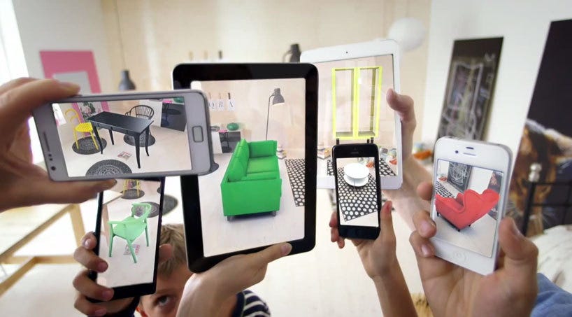 Hands holding different devices with AR visualization of furniture in a room.