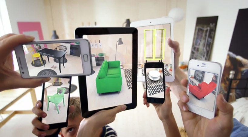 Several smartphones and tables showing IKEA furniture in AR.